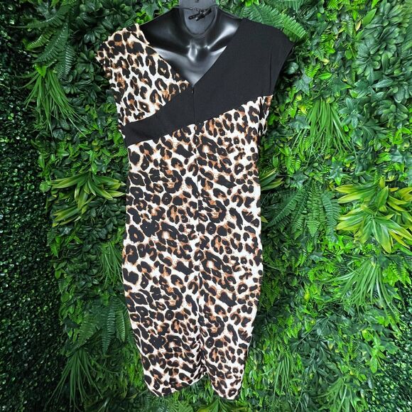 Women Dress Plus 3XL Black Leopard V Neck Sheath Stretch Fitted Spin 0976 - Picture 10 of 12